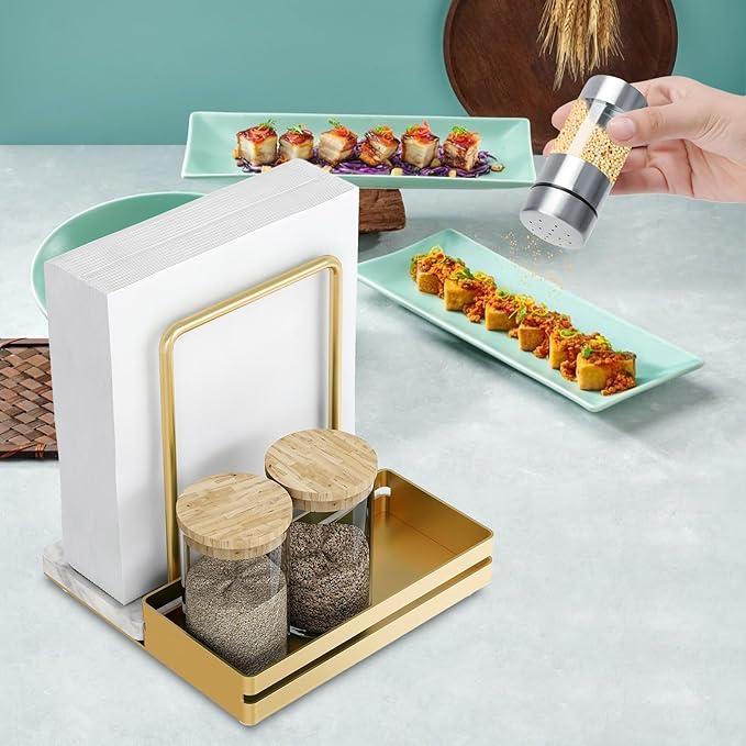 Napkin Holder for Table, Metal Marble Napkin Holder with Salt and Pepper Shakers Caddy, Standing Paper Napkin Storage for Dining Table Kitchen Decor, Marble & Metal Base, Gold