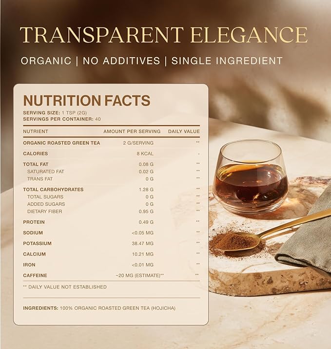 Queen Omi Organic Hojicha Powder | 80g | 100% Organic Japanese Roasted Green Tea Powder—Matcha & Coffee Alternative | Low Caffeine, Antioxidant-Rich, Smooth, Toasty, Nutty Flavor (Golden Roast)