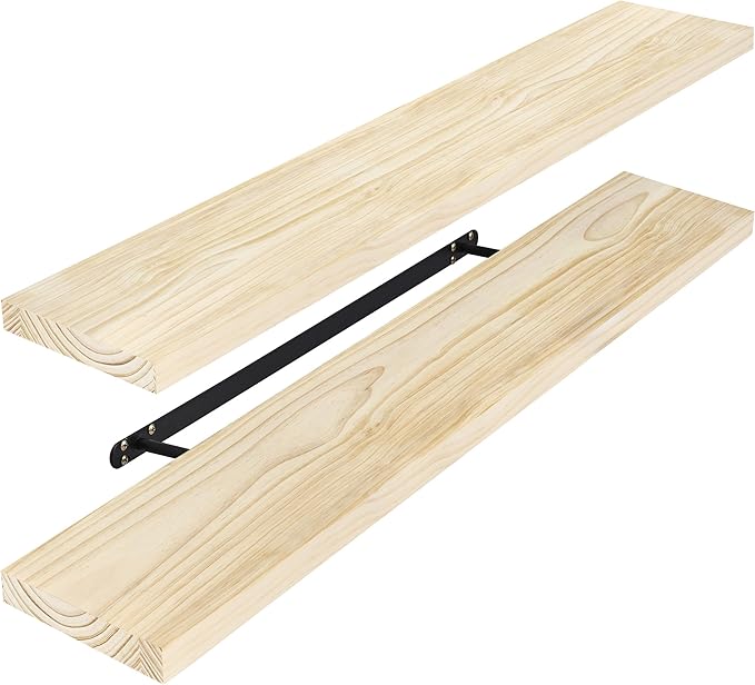 Sorbus Wood Floating Shelves for Wall - 35” Solid Wood Shelves for Bathroom Decor, Books, Bedroom & Living Room - Set of 2 Natural Wall Mounted Kitchen Shelves - Durable Solid Pine