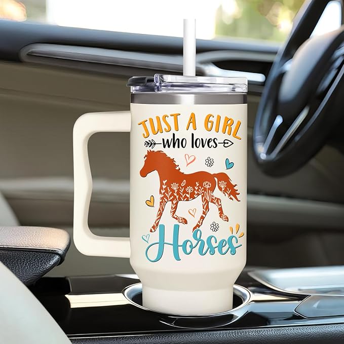Horse Gifts For Girls - Horse Gifts for Women - Christmas, Mothers Day, Birthday Gift For Horses Lovers - Horses Riding Lover Gift - 40Oz Tumbler With Handle & Straw