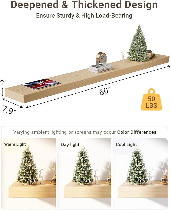 White Oak Floating Shelf for Wall, 60 Inch Long Fireplace Mantel, 2 Inch Thick Floating Shelf Wall Mounted, 8 Inch Deep Wood Shelves for Kitchen Living Room Bedroom Bathroom, 50LBS Capacity