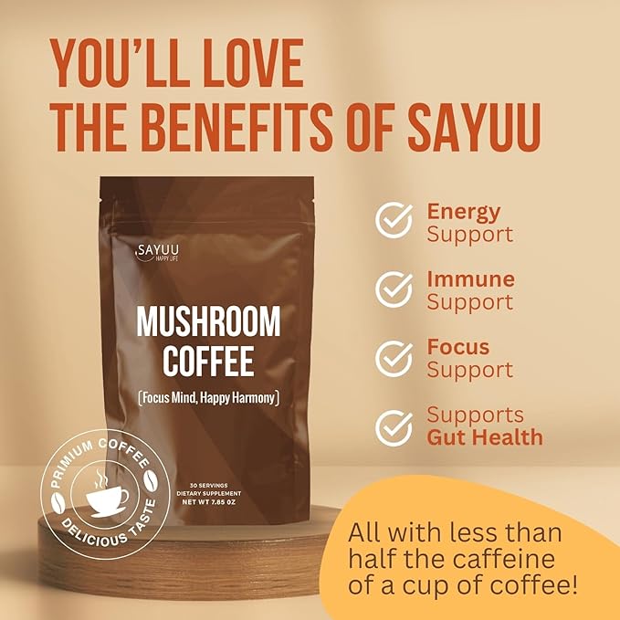 SAYUU Mushroom Coffee Blend – Focus, Energy & Harmony – Vegan, Functional Mushrooms, Cordyceps, Lion’s Mane & Reishi –Dietary Supplement - 30 Servings