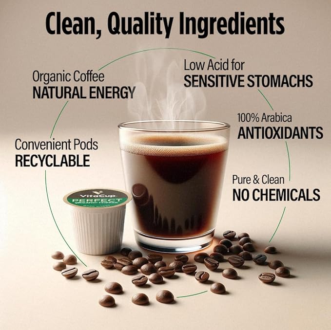 VitaCup Perfect Low Acid Coffee Pods, USDA Organic & Fair Trade, Mycotoxin Free, Dark Roast Guatemala Single Origin, Clean & Pure Recyclable Single Serve Pod compatible w/Keurig K-Cup Brewers,64 CT