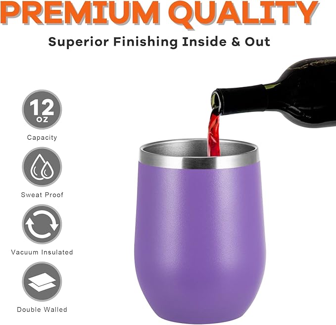 COMOOO Stainless Steel Wine Tumbler with Lid and Straw 12oz Double Wall Vacuum Insulated Travel Tumbler Cup Stemless for Hot and Cold Drinks, Coffee, Wine, Cocktails, Purple
