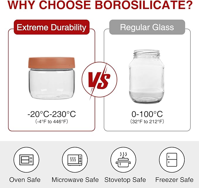10oz Borosilicate Glass Jars with Lids - Freezer to Oven Safe(-4°F to 446°F), Airtight Meal Prep Containers for Overnight Oats, Snacks, Coffee, Microwave & Dishwasher Safe (4pack)