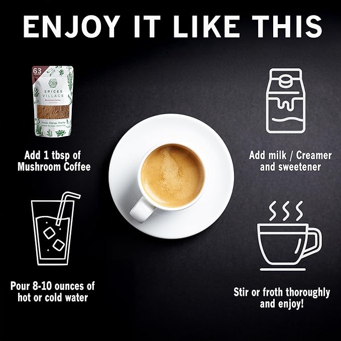 Spices Village Instant Mushroom Coffee with Lion’s Mane & Chaga, 5 oz (63 Servings), Ground Mushroom Arabica Instant Coffee, Kosher