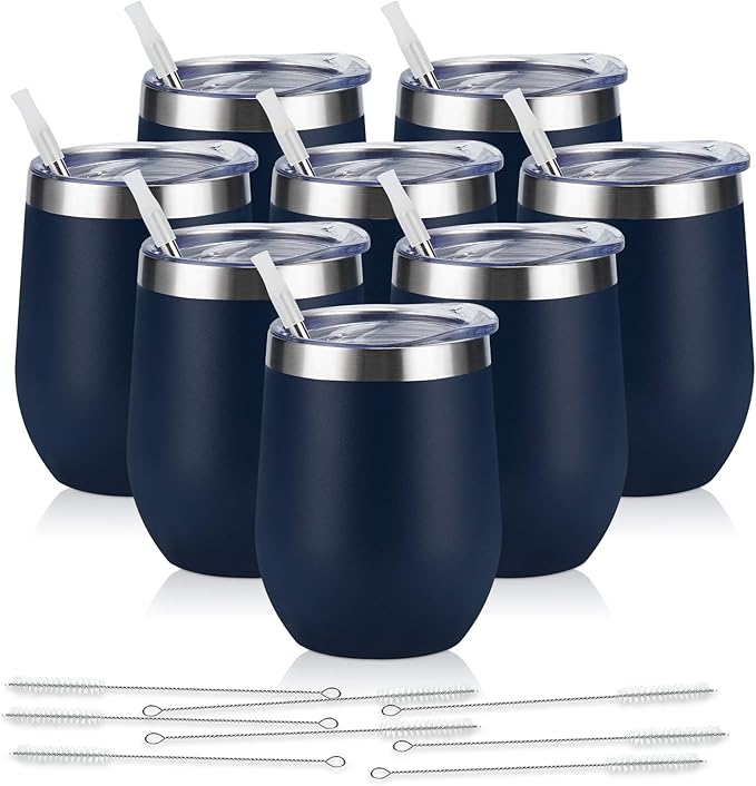 8 Pack 12Oz Stainless Steel Wine Tumblers, Insulated Wine Tumbler, Double Wall Insulated Wine Glass, Stainless Steel Stemless Wine Cups with Lids for Coffee, Wine, Cocktails, Champaign, Navy Blue…