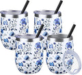 12 oz Insulated Wine Tumbler with Lid and Straw,Stainless Steel Stemless Wine Tumbler Glasses Double Wall Vacuum Wine Cups Tumbler Bulk for Coffee,Cocktail,Office (Blue and White Porcelain,4)