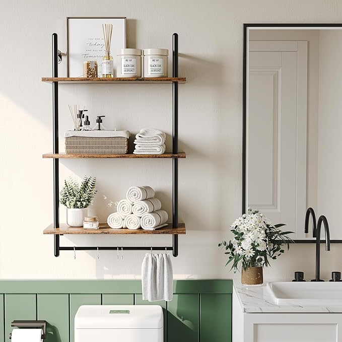Bestier 3 Tier Industrial Pipe Shelving, Floating Kitchen Shelves for Wall, Storage Coffee Bar Hanging Shelves with Towel Bar for Kitchen Living Room Bathroom Organizer Bedroom, 24 Inch Rustic Brown