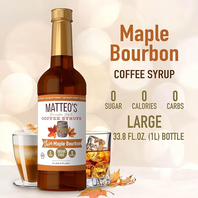 Matteo's Maple Bourbon Syrup for Coffee, Lattes, Cappuccinos & Desserts – Sugar-Free Sweetener for Beverages, Keto Friendly, Zero Calories, Indulgent Flavor, Non-Alcoholic, 33.8oz (6pk)