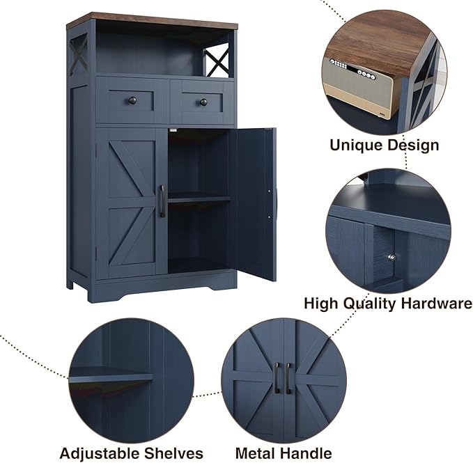 Farmhouse Blue Storage Cabinet with Barn Doors and Drawers, Small Freestanding Kitchen Pantry Cabinet, Hutch Cupboard for Kitchen, Laundry, Living Room,Bathroom