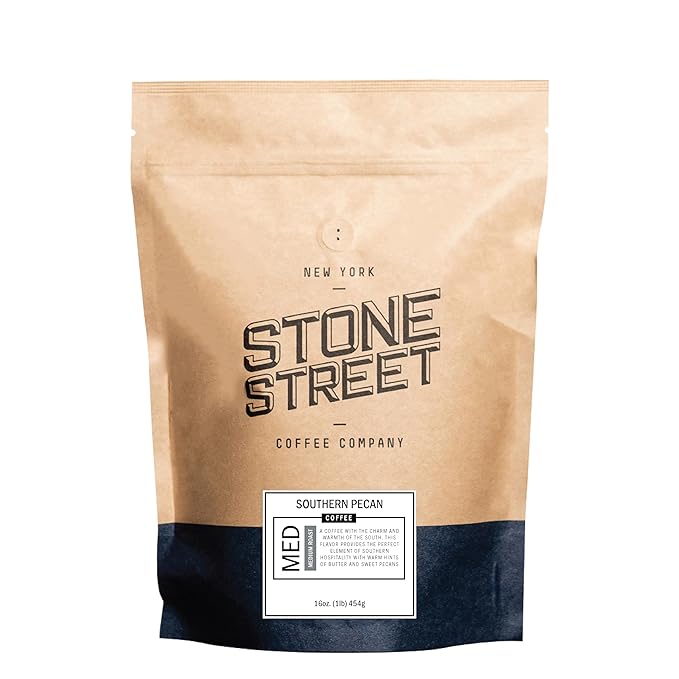 Stone Street Flavored Ground Coffee, Southern Pecan, Freshly Roasted, 100% Colombian Arabica, Gourmet Coffee, Toasted Nut Flavor, Medium Roast, 1 LB