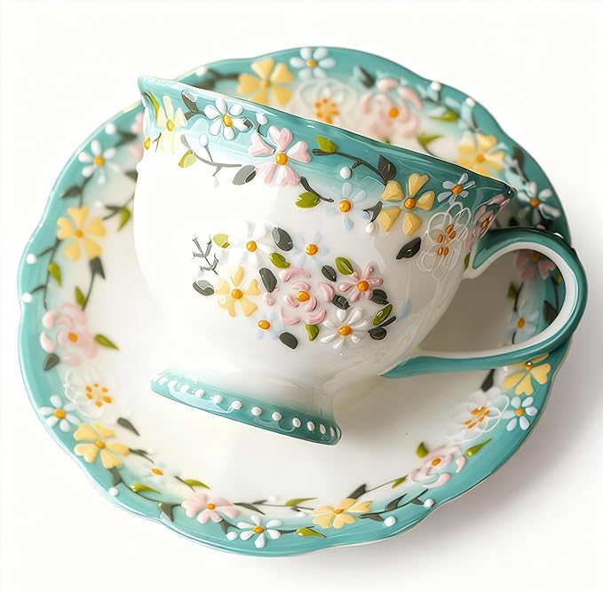 Exquisite Bone China Tea Cups and Saucer Set – Elegant Porcelain Tea Cups, Beautifully Detailed for Tea Lovers, Gift-Ready for Christmas, Hostess, Holiday Gift & Fall Decor