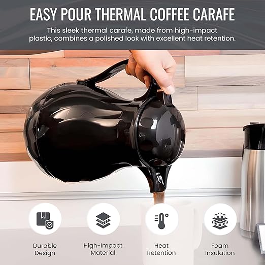 OCS Parts Set of 6 Easy Pour Thermal Coffee Carafes | 11-Inch Insulated Hot and Cold Beverage Pitcher Server for Coffee, Tea, Hot Chocolate and Water | 64-Ounce | Black