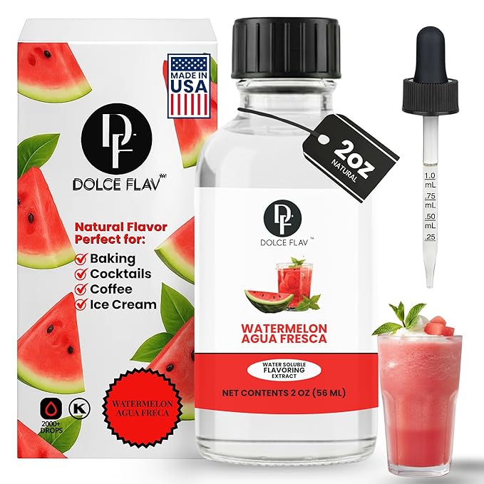 Dolce Flav Natural Watermelon Agua Fresca Extract, Water-Soluble – 2 oz | Fresh Juicy Watermelon Flavoring for Beverages, Desserts & Syrups – Sugar-Free, Kosher, Allergen-Free
