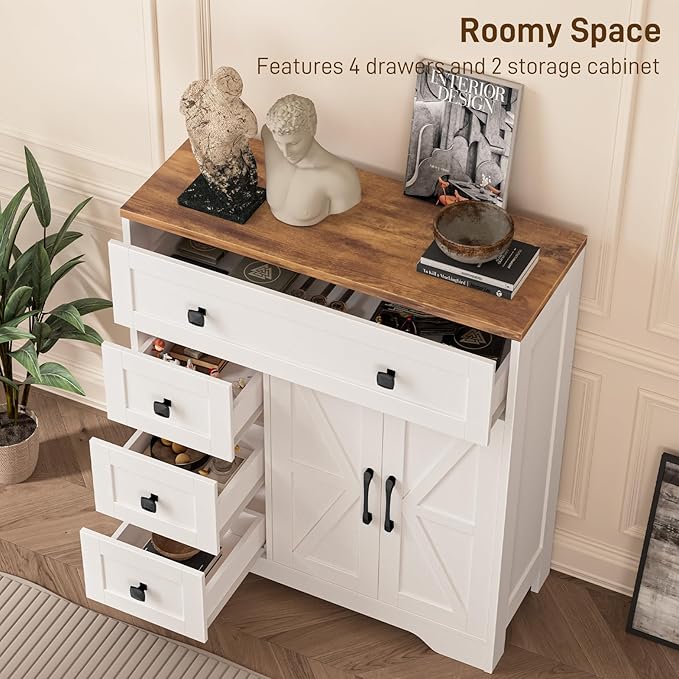 Vabches Farmhouse Storage Cabinet with 2 Doors and 4 Drawers, Freestanding Bathroom Storage Cabinet Kitchen Pantry, Floor Hutch Cupboard for Living Room/Bathroom/Kitchen,(Antique White)