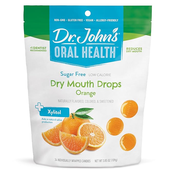 Dr. John's Healthy Sweets Orange Dry Mouth Drops with Zero Sugar, Dye-Free, Plant Based, Keto Friendly, 24 Count, 3.85oz Bag