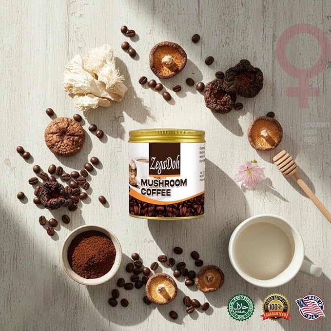 ZegaDoh Mushroom Coffee with 6 Adaptogenic Mushrooms , Genseng Extract and Maca Root Extract USA Grown Instant Coffee for Better Energy, Focus, Digestion, Immunity with Lions Mane & Turkey Tail Extract 33 servings medium-roast Instant Coffee