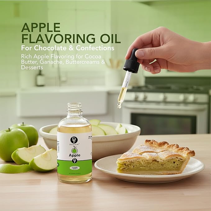 Dolce Flav Apple Extract – 2 Ounce Oil-Soluble Kosher, Sugar-Free, Concentrated Crisp Apple Flavoring for Baking, Chocolates & Desserts, Includes Measured Dropper