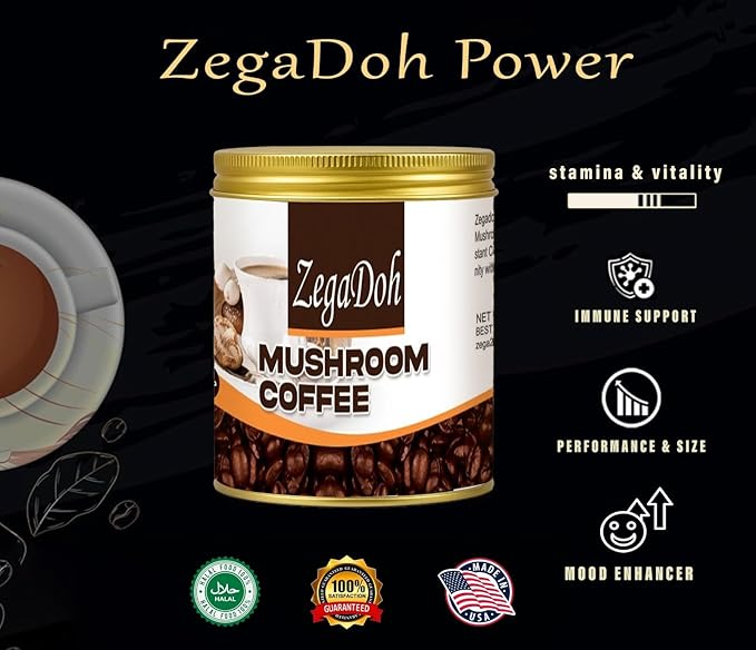 ZegaDoh Mushroom Coffee with 6 Adaptogenic Mushrooms , Genseng Extract and Maca Root Extract USA Grown Instant Coffee for Better Energy, Focus, Digestion, Immunity with Lions Mane & Turkey Tail Extract 33 servings medium-roast Instant Coffee