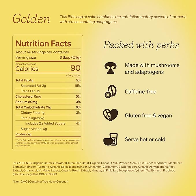 Clevr Turmeric Powder, Golden Milk Instant Latte Mix, Superfood Powder with Oat Milk, Lions Mane, Reishi Mushroom, Organic Spices, Coconut Cream, Ashwagandha, Serve Hot or Iced, (14 Lattes)