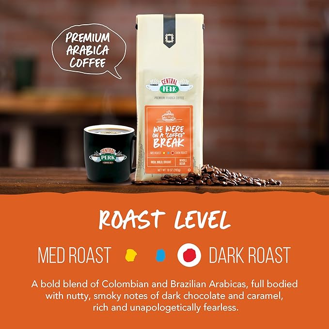 Central Perk Dark Roast Whole Bean "We Were On A Coffee Break" Blend - 100% Arabica Coffee with Nutty, Smoky, Dark Chocolate & Caramel Flavors, 10oz Bag