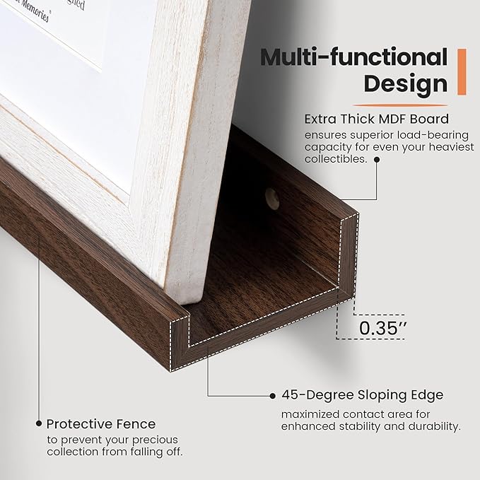 Fun Memories Picture Ledge Shelf, 16 Inch Long Floating Shelves Set of 6, Picture Shelf for Wall with Lip, Large Nursery Book Shelves for Storage, Wall Shelves for Living Room Bedroom Kitchen, Walnut