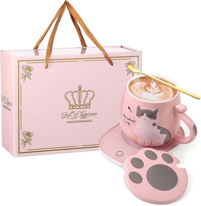 Honeydak Coffee Mug Warmer Cute Cat Mug Set Cup Warmer for Desk for Women Heated Coffee Warmer for Mom Home Office Christmas Birthday Gifts(Pink)