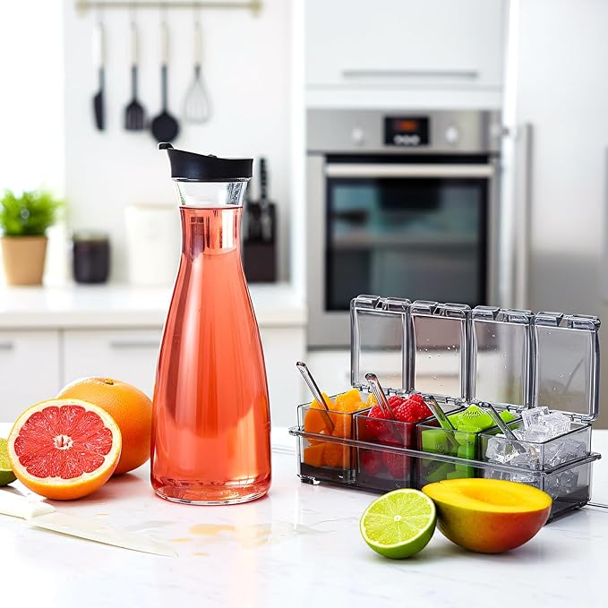 Honeydak 5 Pcs Mimosa Bar Supplies Include 4 Pcs 50 oz Plastic Carafe with Lids Clear Round Juice Pitcher Containers 1 Seasoning Box with Lid and Spoon for Christmas Party Serving Storage (Black)