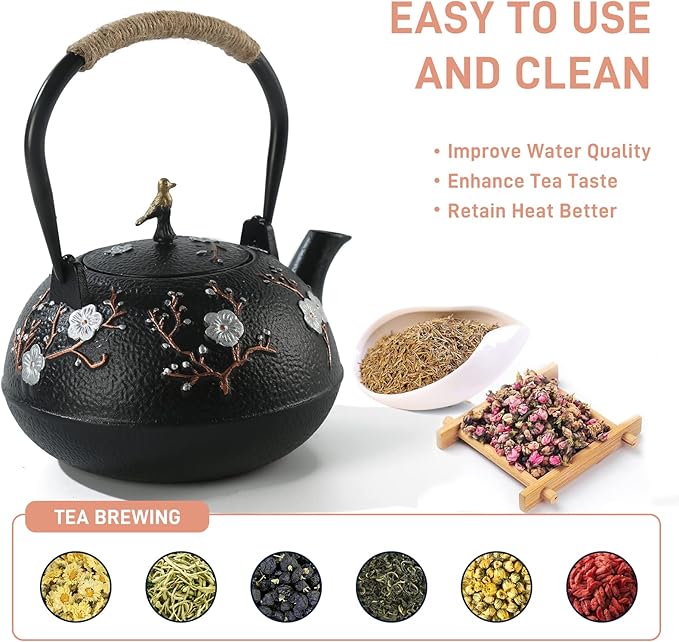 Tea Set Tea Kettle Japanese Style Beautiful Black Cast Iron Teapot Set with 4 Cups,1 Trivet and 1 Lid Holder,40.6oz Teapot with Infuser for Stove Top Safe