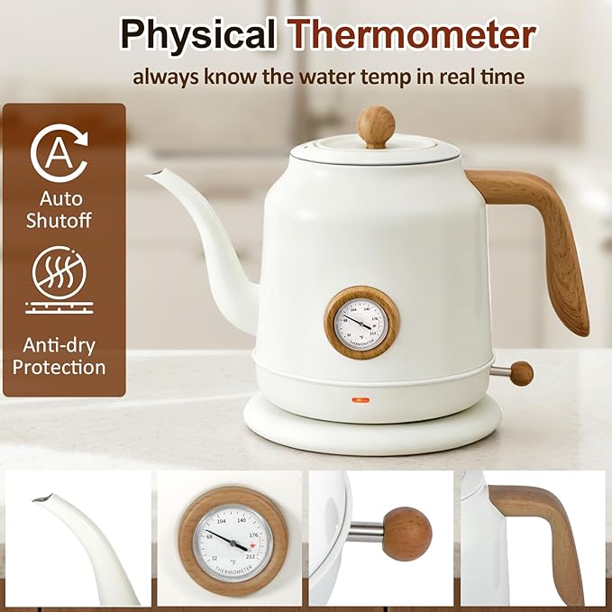 1.2L Electric Gooseneck Kettle with thermometer, Tea Kettle for Boiling Water, Gooseneck Electric Kettle for Coffee & Tea