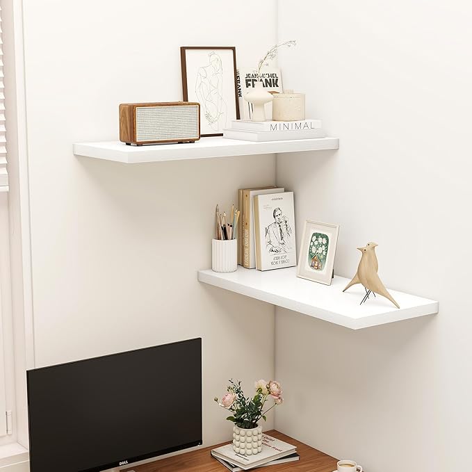 Dreamland 32" Floating Shelves for Wall, 12" Deep Slim White Floating Shelves, Wall-Mounted Shelves for Bedroom, Living Room, Kitchen, Bathroom - Set of 2