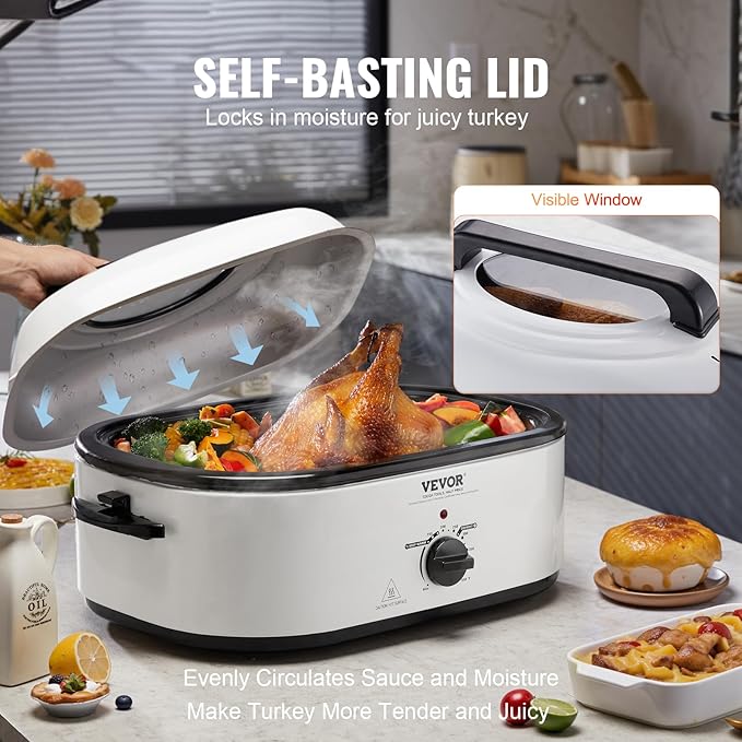 VEVOR Electric Roaster Oven, 22 QT Turkey Roaster with Self-Basting Lid, 1450W Roaster with Defrost & Warm Function, Adjustable Temp, Removable Pan & Rack, Fits Turkeys Up to 26LBS, White