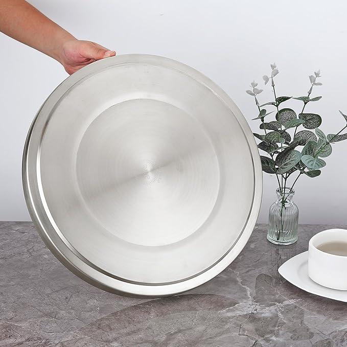 Stainless Steel Round Bar Serving Tray 12.5",Double Wall,Ideal Coffee Table, Decorative,Rotisserie Plate, Tea and Bar Serving,Silver