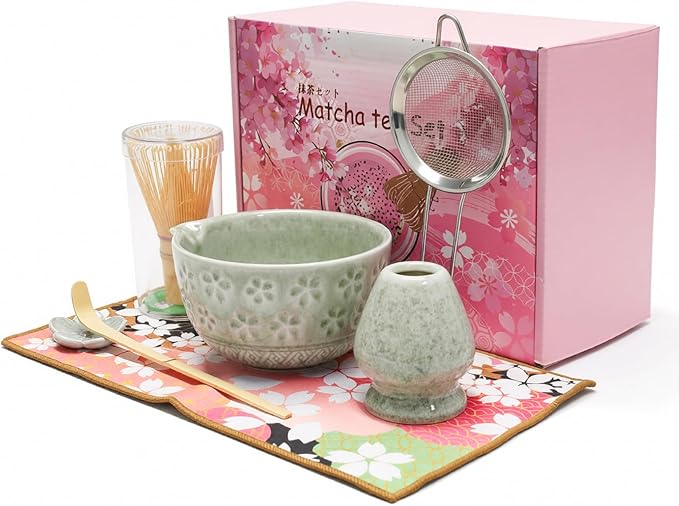 Matcha Whisk Sets 7 Pcs Includes Ceramic Bowl, Bamboo Whisk, Scoop, Sifter, Whisk Holder, Scoop Rest & Tea Towel | Japanese Matcha Ceremony Gift Set for Matcha Lovers (Mottled Green)