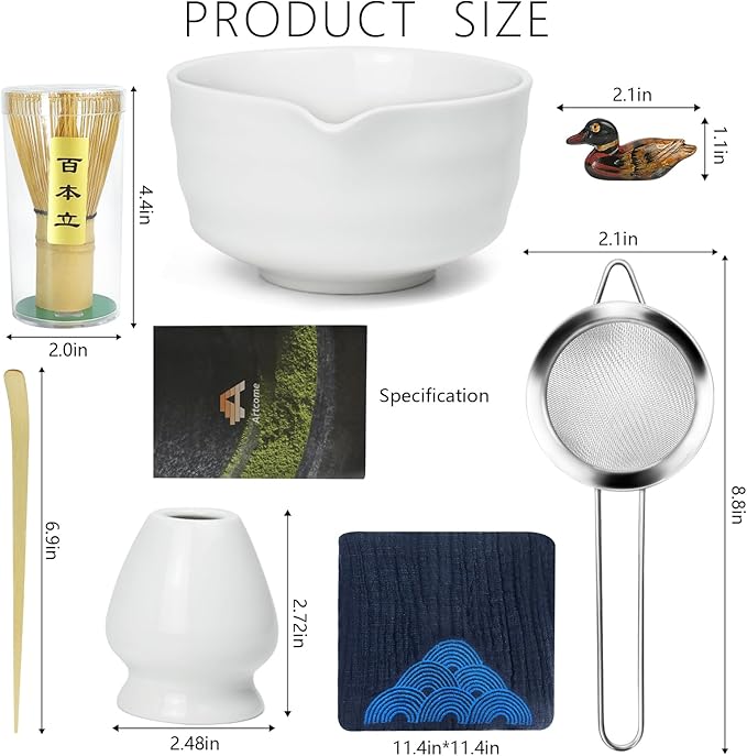 Artcome 7-Piece Matcha Tea Set - Complete Japanese Ceremony Kit with Bowl, Whisk, Scoop, Strainer & Guide, White