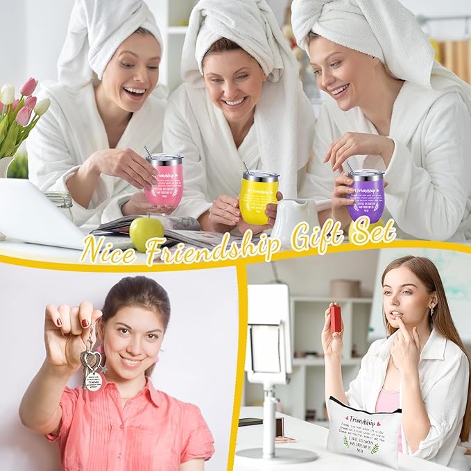 Sliner 6 Pack Friend Gift for Women Christmas Friendship Wine Tumbler Cup 12 oz Friendship Canvas Makeup Bag and Inspirational Keychain Xmas Gifts