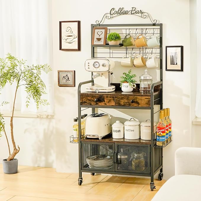 Coffee Bar Cart with Wheels, 5-tier Coffee Bar Table, Kitchen Coffee Bar Cabinet with Storage, Rustic Coffee Bar, Rolling Coffee Cart, Coffee Nook, Corner Coffee Bar Station with Drawer, Bakers Rack