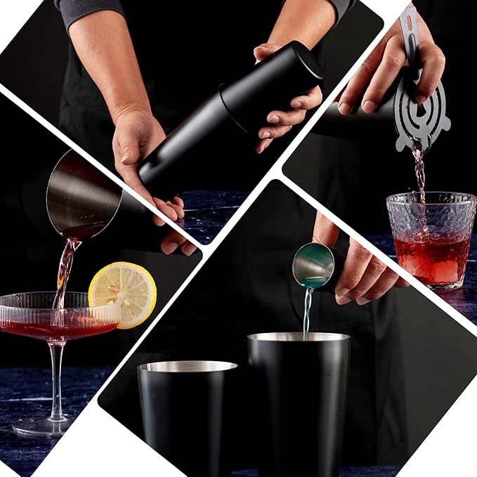 Cocktail Shaker Set 4-Piece Boston Shaker Kit with 20oz/25oz Shaker,Strainerand 0.5/1oz Double JiggerBar Set for Home Drink Mixer Bartendiing (Matte Black, 20oz/25oz)