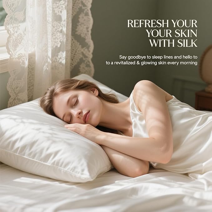 Silk Pillow Cases 2 Pack, Ravmix Both Sides Mulberry Silk Pillowcases Set of 2 Cooling Pillow Cases for Hair and Skin Queen Size with Hidden Zipper, 20 * 30inches, Pure White