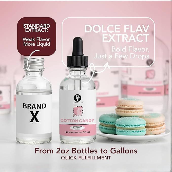 Dolce Flav Natural Cotton Candy Extract – 2 Ounce Water-Soluble Kosher, Sugar-Free, Concentrated Carnival-Style Flavoring for Baking, Frostings & Drinks, Includes Measured Dropper