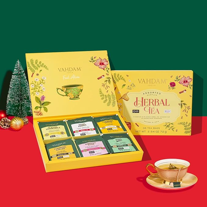 VAHDAM, Assorted Herbal Tea Variety Pck (6 Variants, 36 Tea Bags) Caffeine Free, Gluten Free, Non GMO | Eco Friendly Long Leaf Pyramid Tea Bags I Christmas Tea Gift Sets