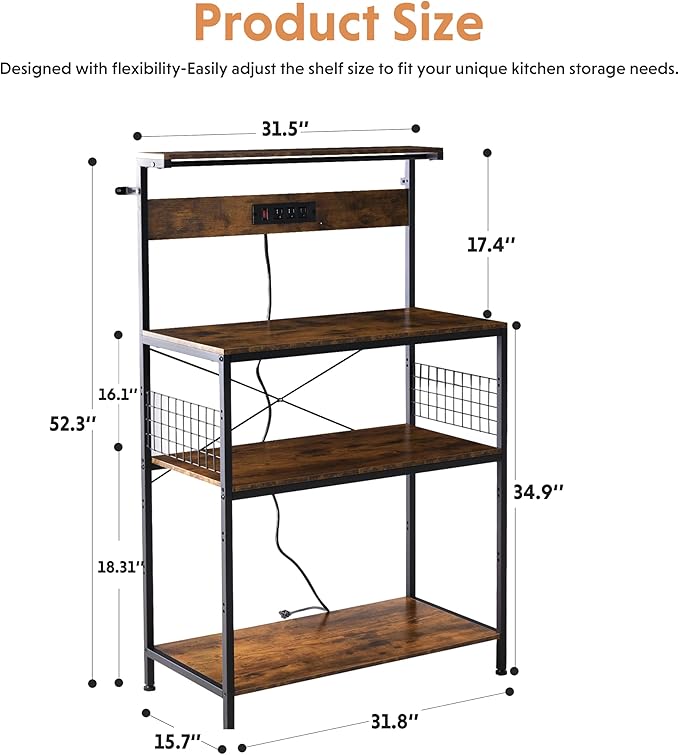 Simple Deluxe Kitchen Bakers Rack with Power Outlet, Coffee Bar Accessories Table, 4-Tier Adjustable Storage Shelf for Spices, Freestanding Appliance Organizer, 31.5 Inch, Rustic Brown