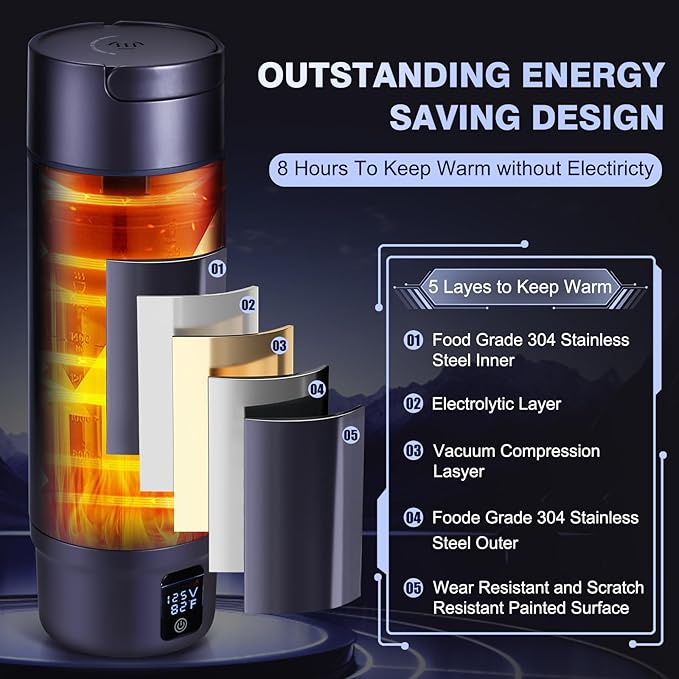 Vacuum Insulated Car Electric Kettle,Miicasa Stainless Steel Tumbler Car Water Heater,12V/24V Water Boiler with 6 Temperature and Auto Shut-Off Boil Dry,16oz