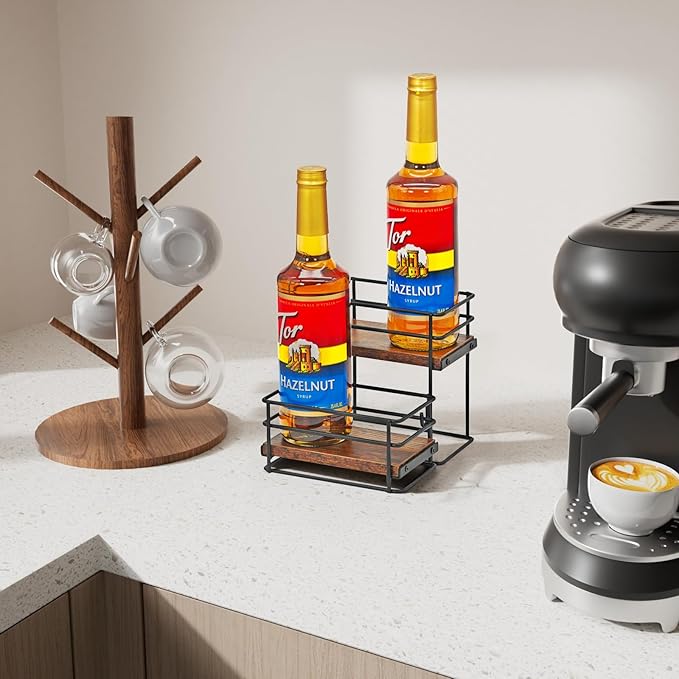 4 Bottle Coffee Syrup Rack Organizer 2 Tier Syrup Holder Stand for Coffee Bar Syrup Storage Shelves for Bar Family Storage Small Wine Rack for Syrup Wine Dressing