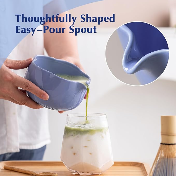 Matcha Set, 8Pcs Floral Ceramic Matcha Set with Matcha Whisk, Holder, Scoop, Scoop Rest, Sifter, Spoon and Tea Towel - Thoughtful Matcha Whisk Set Gift for Matcha Lovers (Blue)