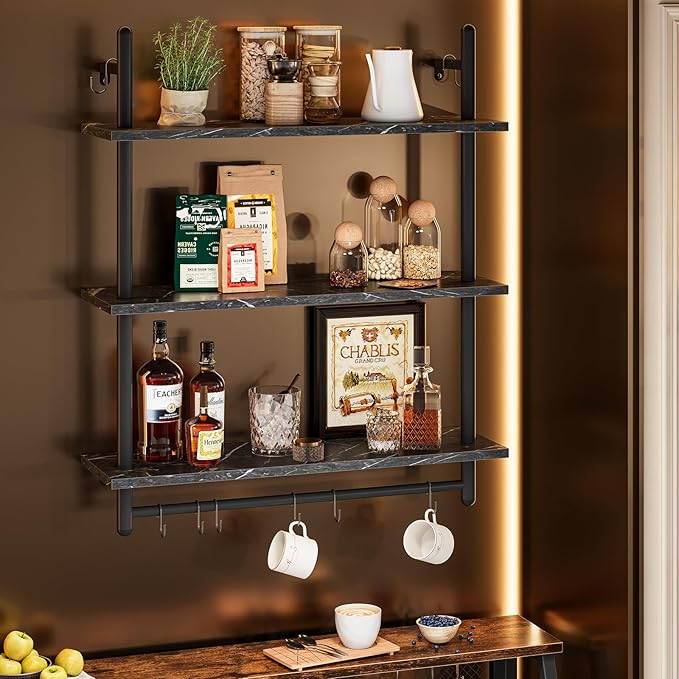 Bestier Floating Pipe Shelving, 31.5" Floating Kitchen Shelves Wall Mounted, 3 Tier Coffee Bar Shelf Ladder Bookshelf with Towel Bar Hooks for Kitchen Living Room Bathroom Bedroom, Black Marble