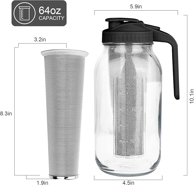 Cold Brew Coffee Maker,64 oz Mason Jar Pitcher with Stainless Steel Filter, Pour Spout Handle Lid, Heavy Duty Glass Airtight & Leak-Proof for Iced Coffee,Tea & Lemonade