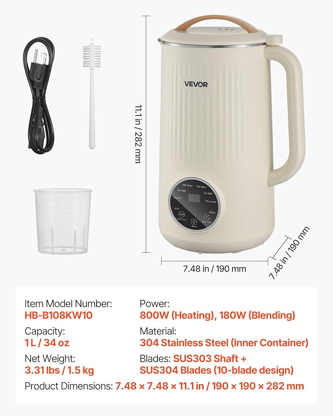 VEVOR 8-in-1 Nut Milk Maker, 34 oz Soy Milk Maker with 180W Blending, for Homemade Oat, Nut, Soy, Juice, Milkshake, Rice Cereal, Plant-Based Beverages with Self-Cleaning, Boil Water, 12-Hour Delay