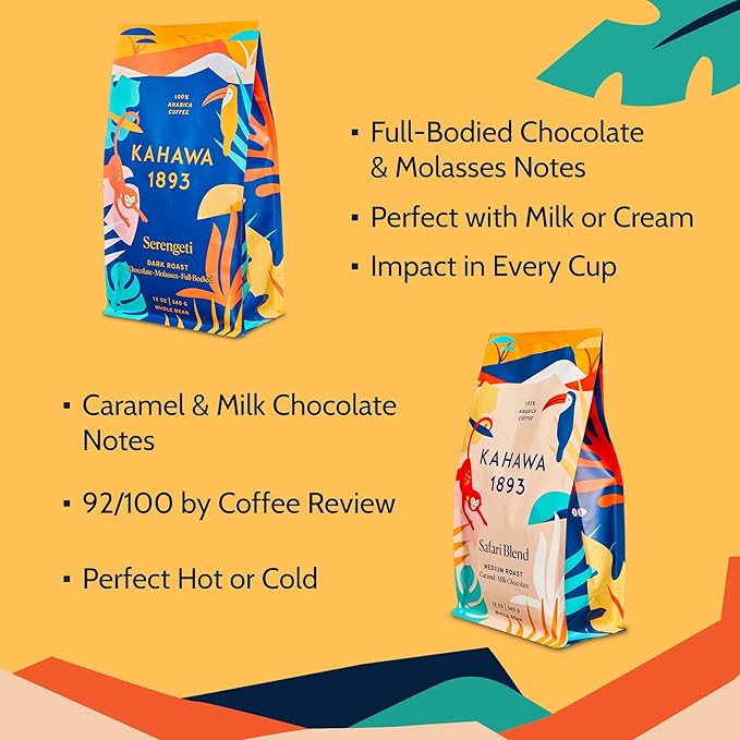 Kahawa 1893 Whole Bean Coffee Combo Pack Kenyan, Ethiopian, Safari & Serengeti Blend (12 Oz) - As Seen on Shark Tank, Naturally Sweet, Organically Grown, Ethically & Sustainably Sourced